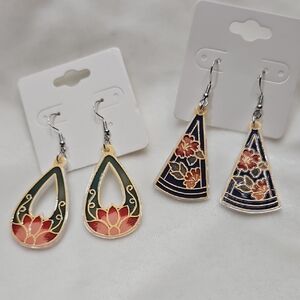 Ladies Set of 2 Pairs Blue Green Acrylic Cloisonne Style Floral Dangle Earrings